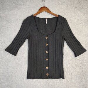 Free People Cardigan Womens XL Black Knit Ribbed Button Front Scoop Neck Sweater